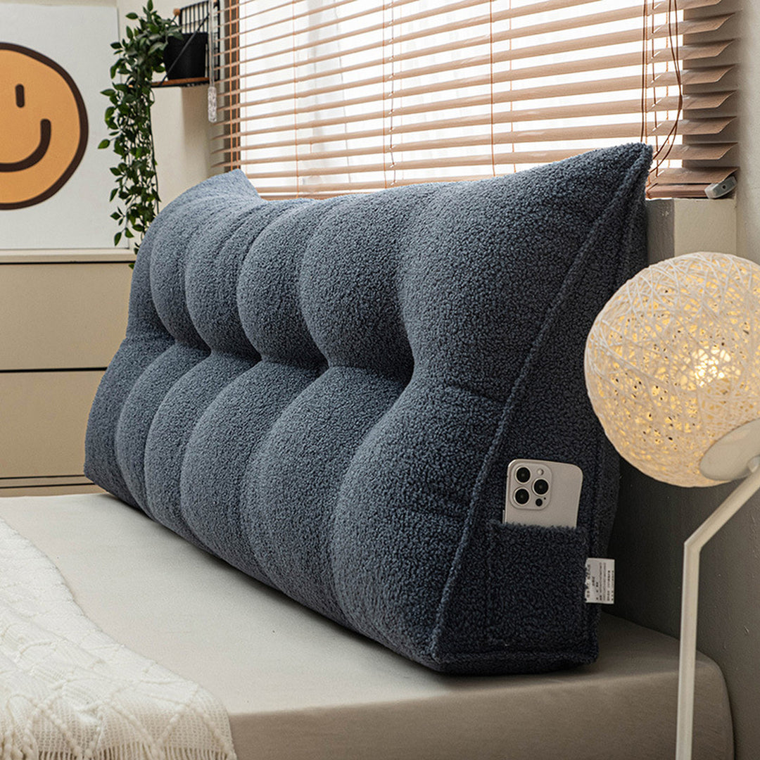 Triangle headboard bolster cushion in jingtai blue teddy plush