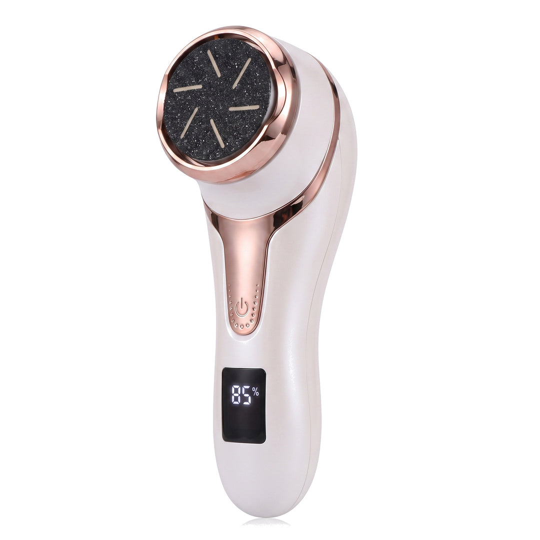 Electric foot file and callus remover, white with a rose gold trim, on a white background