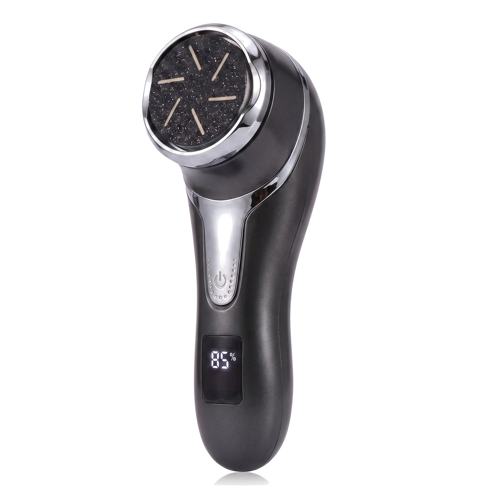 Electric foot file and callus remover, black with a silver trim, on a white background