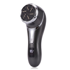 Electric foot file and callus remover, black with a silver trim, on a white background