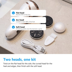 Electric foot file kit with a flat grinding head, a curved grinding head, a soft head, a cleaning brush and a USB cable