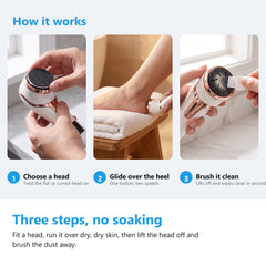 How to use the electric foot file and callus remover, choosing a head, filing the heel and brushing it clean