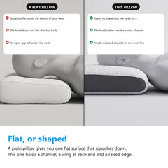 A flat pillow letting the head tilt down beside the contoured pillow holding the head level in its centre channel