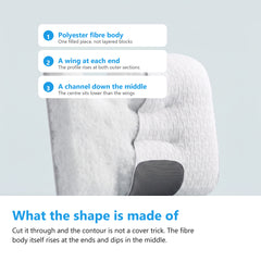 Cut through view of the contoured pillow showing the polyester fibre fill, the knit cover, the raised wings and the centre channel