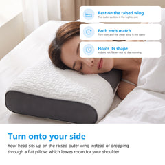 Woman asleep on her side with her head resting on the raised outer wing of the contoured pillow