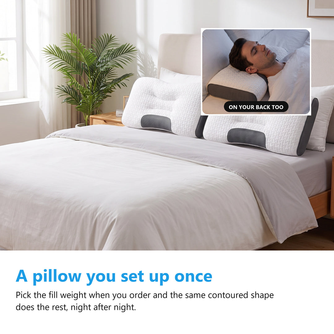 Two contoured pillows on a made bed in a bright bedroom, with a man asleep on his back inset