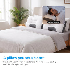 Two contoured pillows on a made bed in a bright bedroom, with a man asleep on his back inset