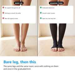 Bare legs beside the same legs wearing black open toe compression stockings