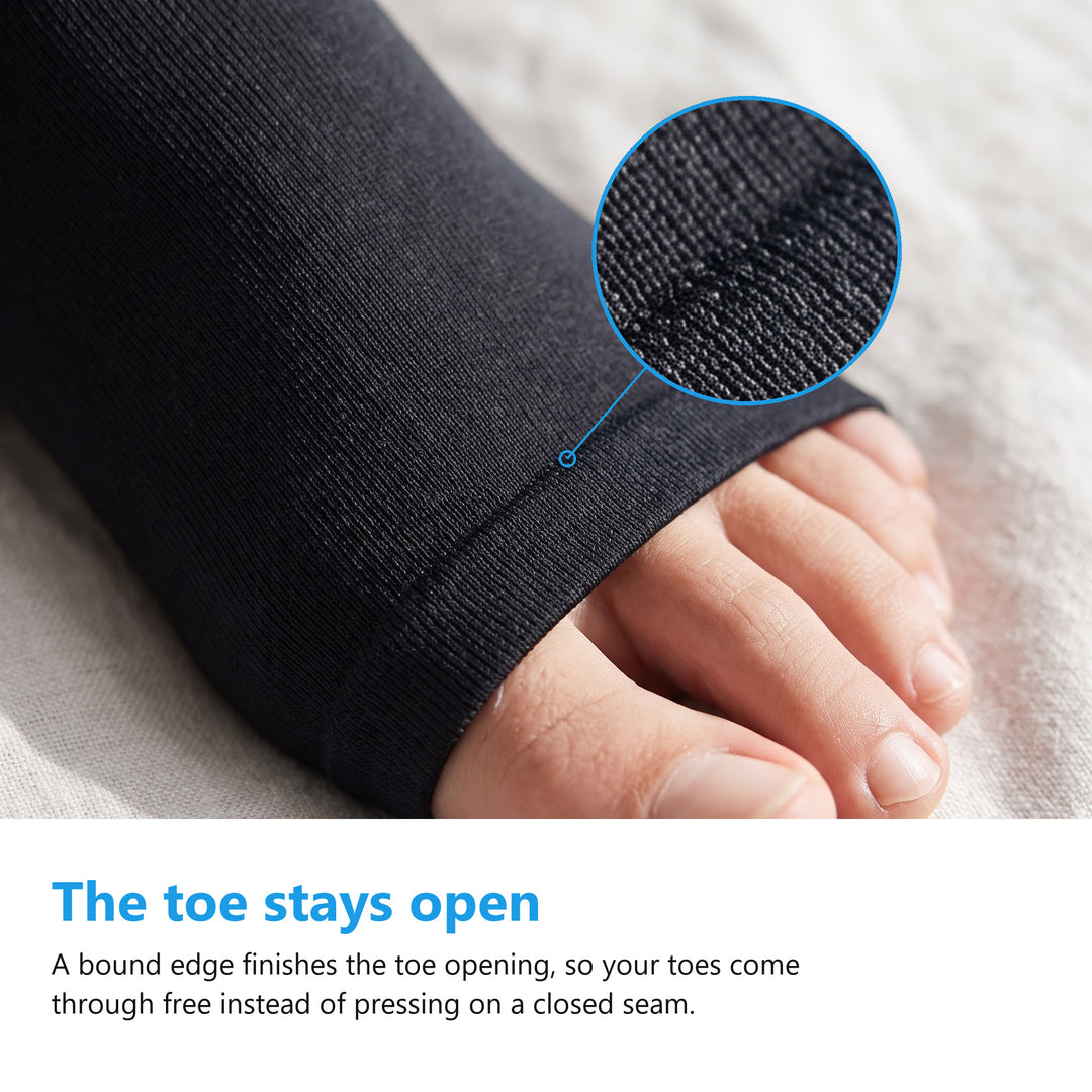 Close up of the open toe end of a black compression stocking with the toes free