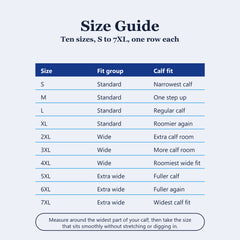 Compression stockings size guide table, one row for every size from S to 7XL