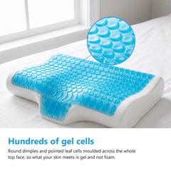 Close view of the blue gel plate on a cooling pillow, moulded with round dimples and pointed leaf cells