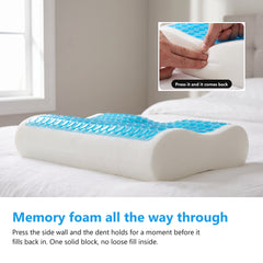 White memory foam body of a cooling gel pillow on a bed with a hand pressing a dent into the side wall