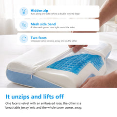 Removable cover of a cooling gel pillow unzipped along the hidden side zip, showing the blue mesh gusset and the gel core inside