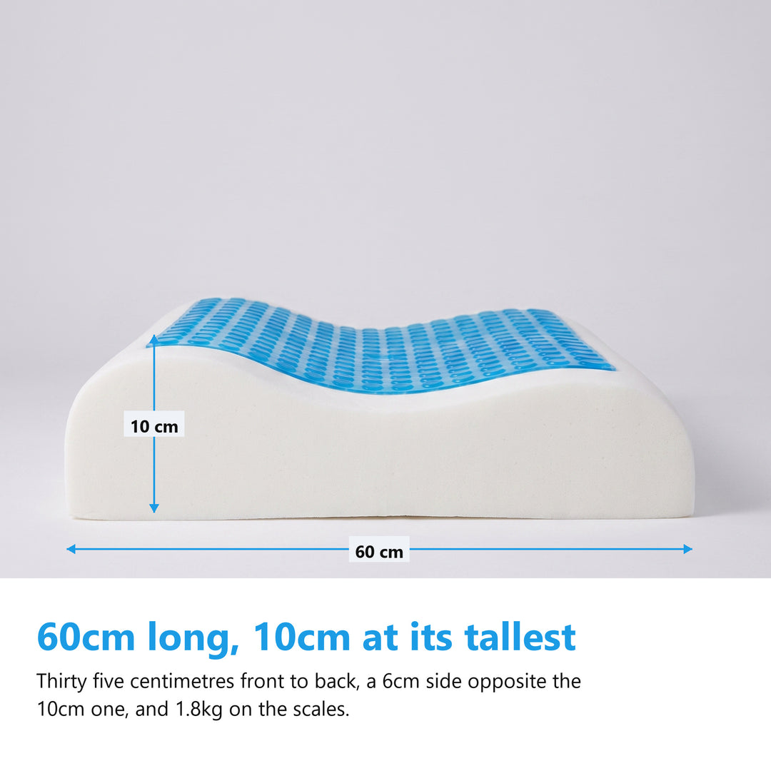 Side view of a cooling gel pillow marked 60cm long and 10cm tall at the high contour side