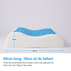 Side view of a cooling gel pillow marked 60cm long and 10cm tall at the high contour side