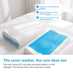 Velvet cover of a cooling gel pillow lying beside the bare memory foam gel core on a white bed