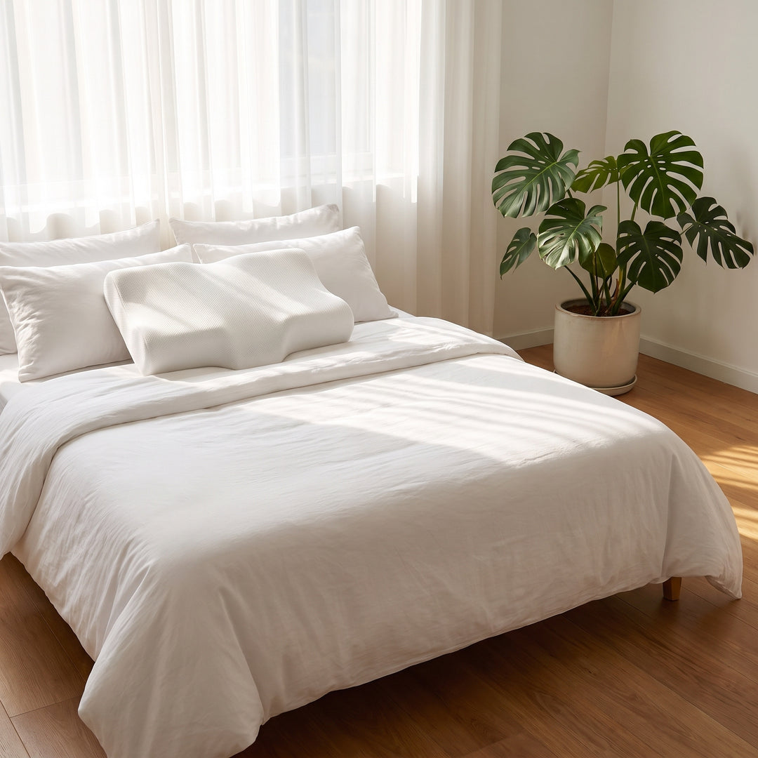 Cooling gel pillow in its white cover on a neatly made bed in a bright bedroom