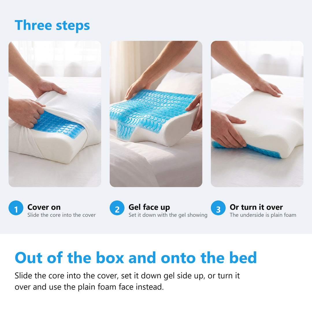 Three steps showing a cooling gel pillow slid into its cover, set down gel face up and turned onto the plain foam face