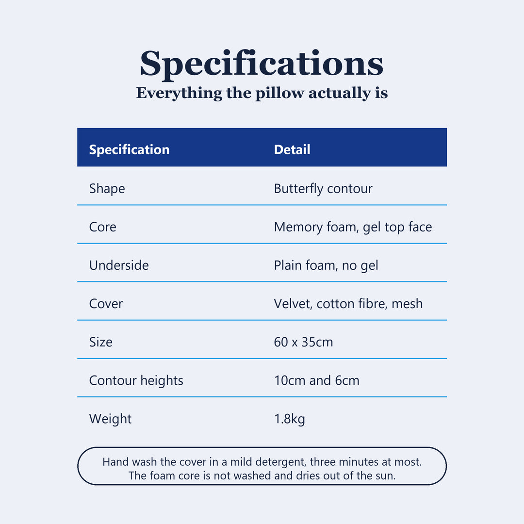 Cooling gel pillow specifications, butterfly contour memory foam with a gel top face, 60 x 35cm, 10cm and 6cm contour heights, 1.8kg