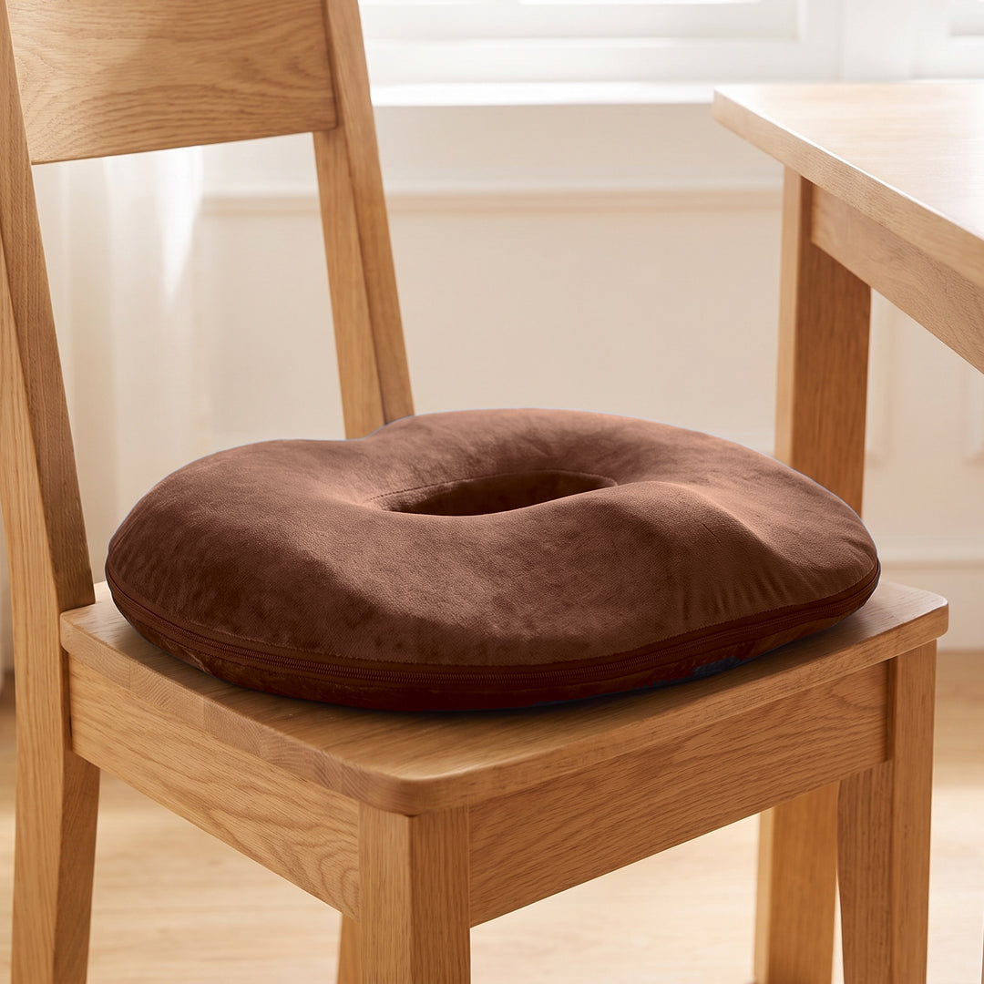 Mocha brown donut cushion with its open centre sitting on the seat of an oak dining chair in a bright room by a window