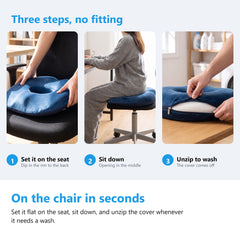 Three steps to use a donut cushion, setting it on the chair seat with the rim dip to the back, sitting down, and unzipping the cover to wash it