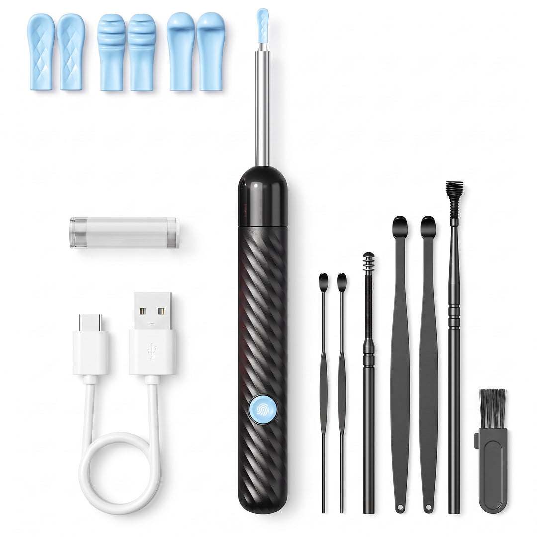 Ear wax removal kit with HD camera wand, six silicone ear tips, six stainless steel ear picks and a cleaning brush