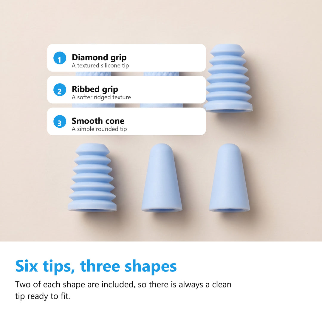 Six silicone ear tips in three shapes included with the ear cleaning kit