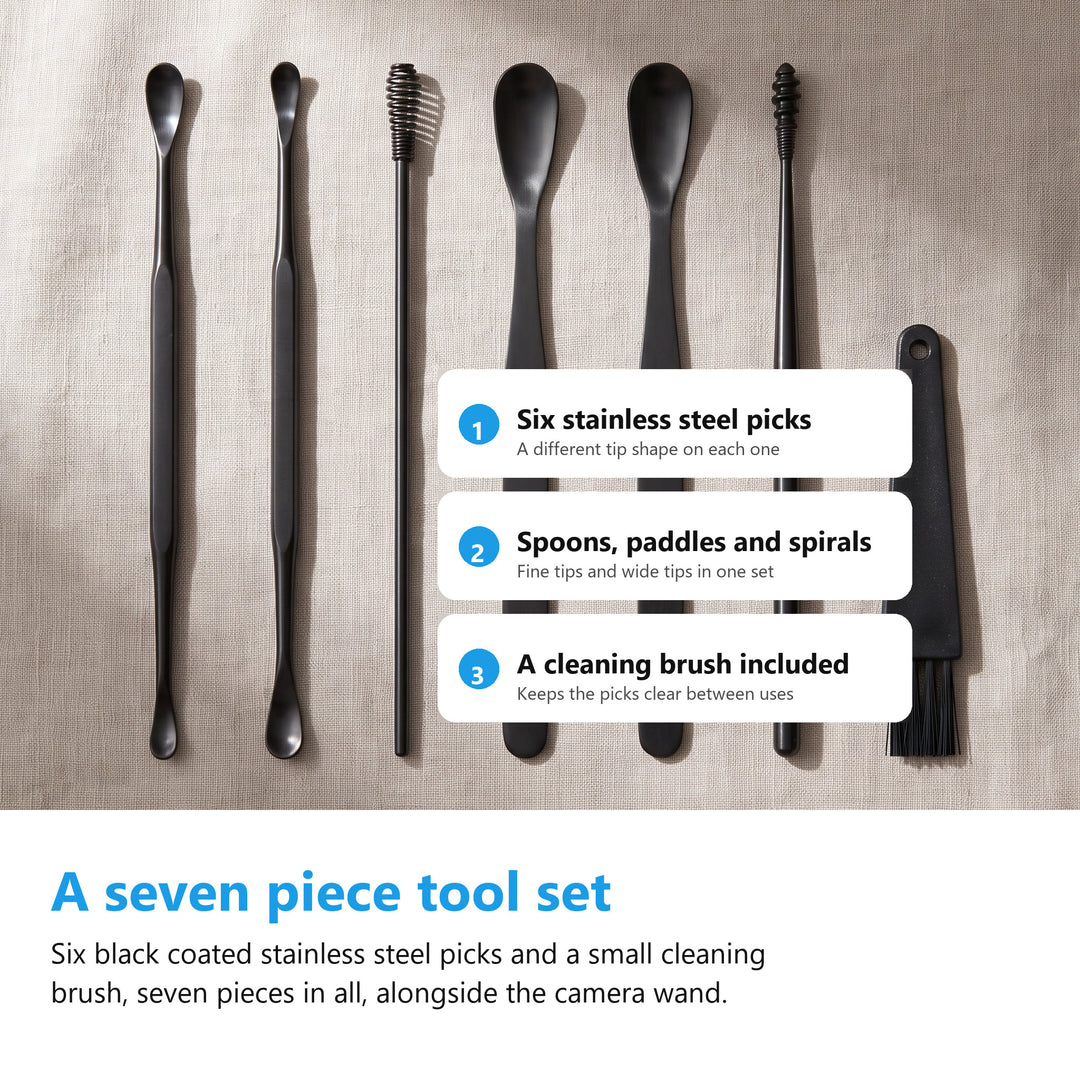 Seven piece ear pick set, six stainless steel picks and a cleaning brush
