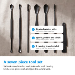 Seven piece ear pick set, six stainless steel picks and a cleaning brush