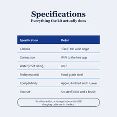 Ear wax removal kit specifications, HD camera, WiFi and IP67 waterproof