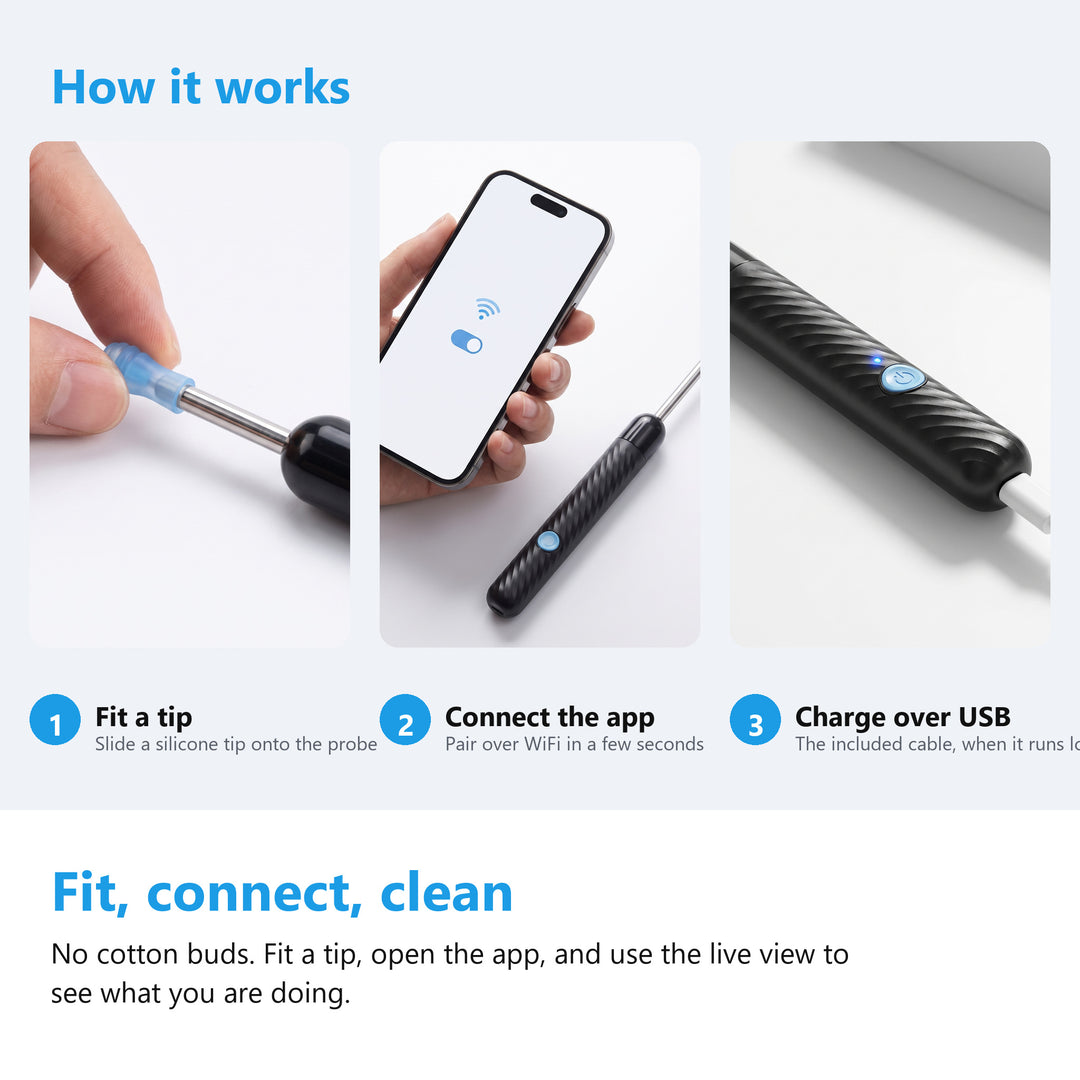 How to use the ear wax removal kit, fit a tip, connect the app, charge it