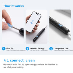 How to use the ear wax removal kit, fit a tip, connect the app, charge it