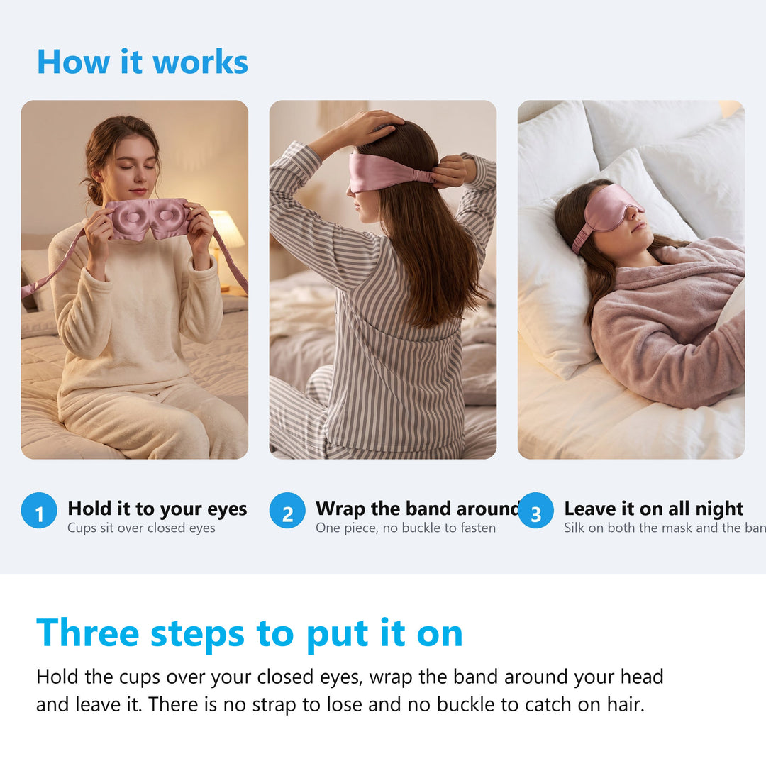 How to wear the silk eye mask in three steps, holding it up, wrapping the band around and leaving it on