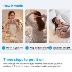 How to wear the silk eye mask in three steps, holding it up, wrapping the band around and leaving it on