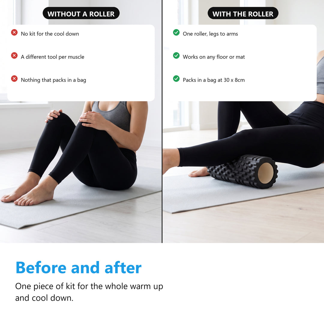 A cool down without a foam roller compared with the same cool down using a black textured foam roller