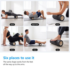 Six ways to use the foam roller, on the quads, upper back, arms, glutes, calves and feet