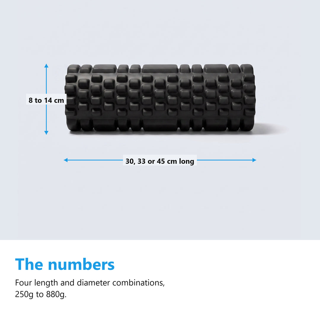 Foam roller measurements, 30, 33 or 45 cm long and 8 to 14 cm across