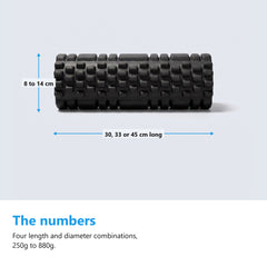 Foam roller measurements, 30, 33 or 45 cm long and 8 to 14 cm across