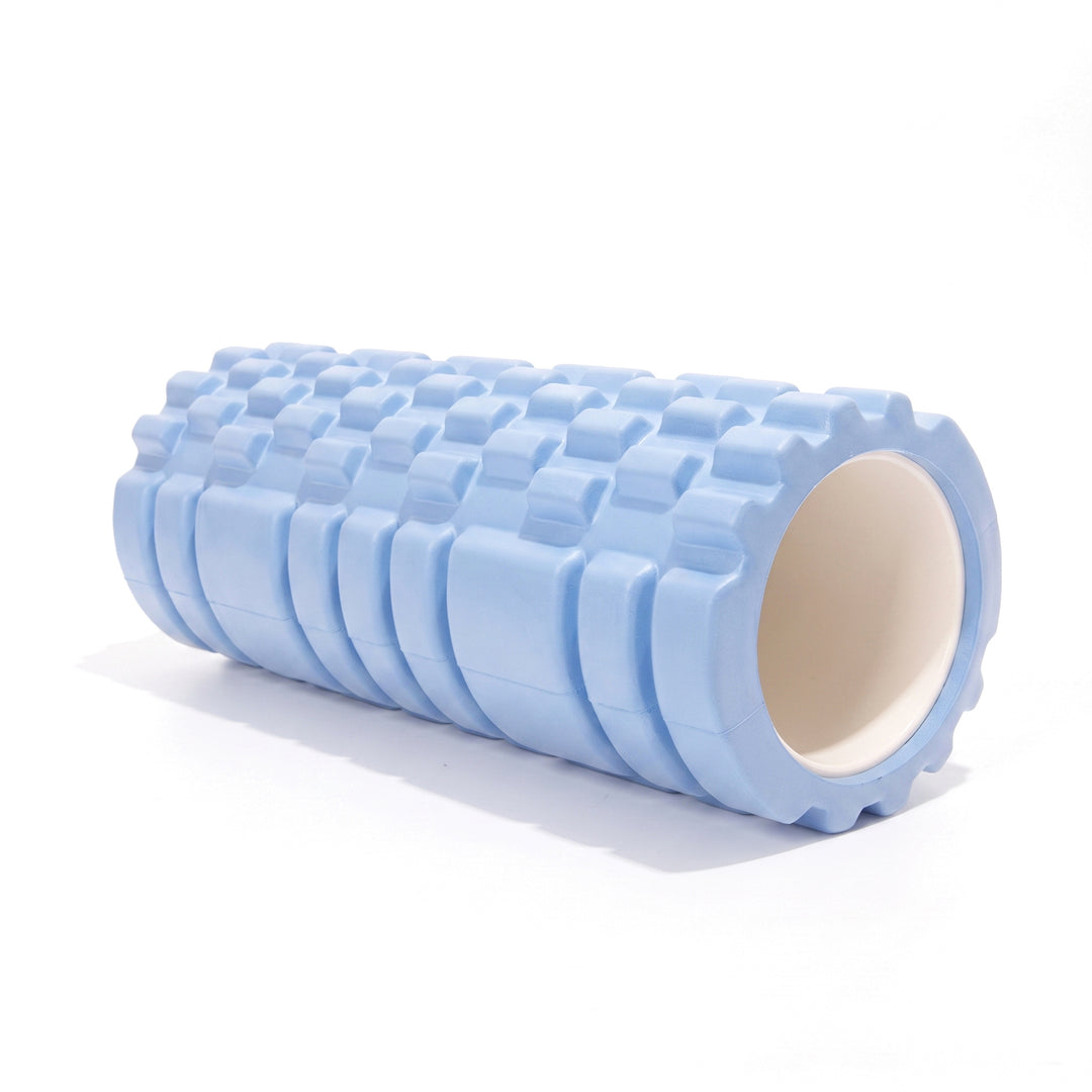 Blue textured foam roller with a raised grid surface on a white background
