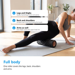 Woman using a black textured foam roller on her thigh on a yoga mat, with cards for legs and thighs, back and shoulders and arms
