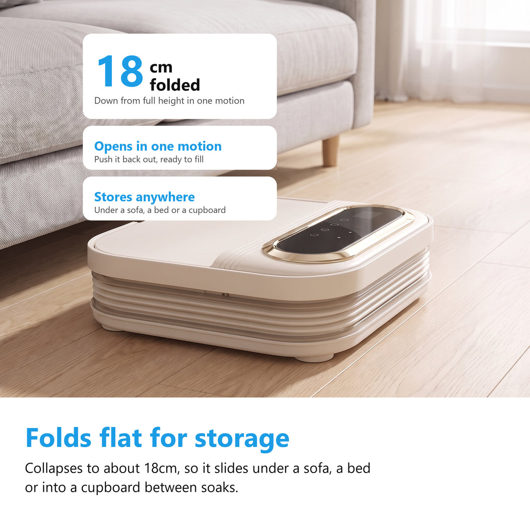Foot spa bath folded flat for storage beside a sofa