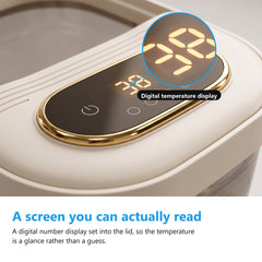 Close up of the foot spa digital touch screen with the temperature reading magnified