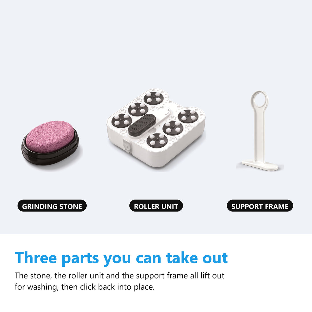 The three removable foot spa parts side by side, the grinding stone, the roller unit and the support frame