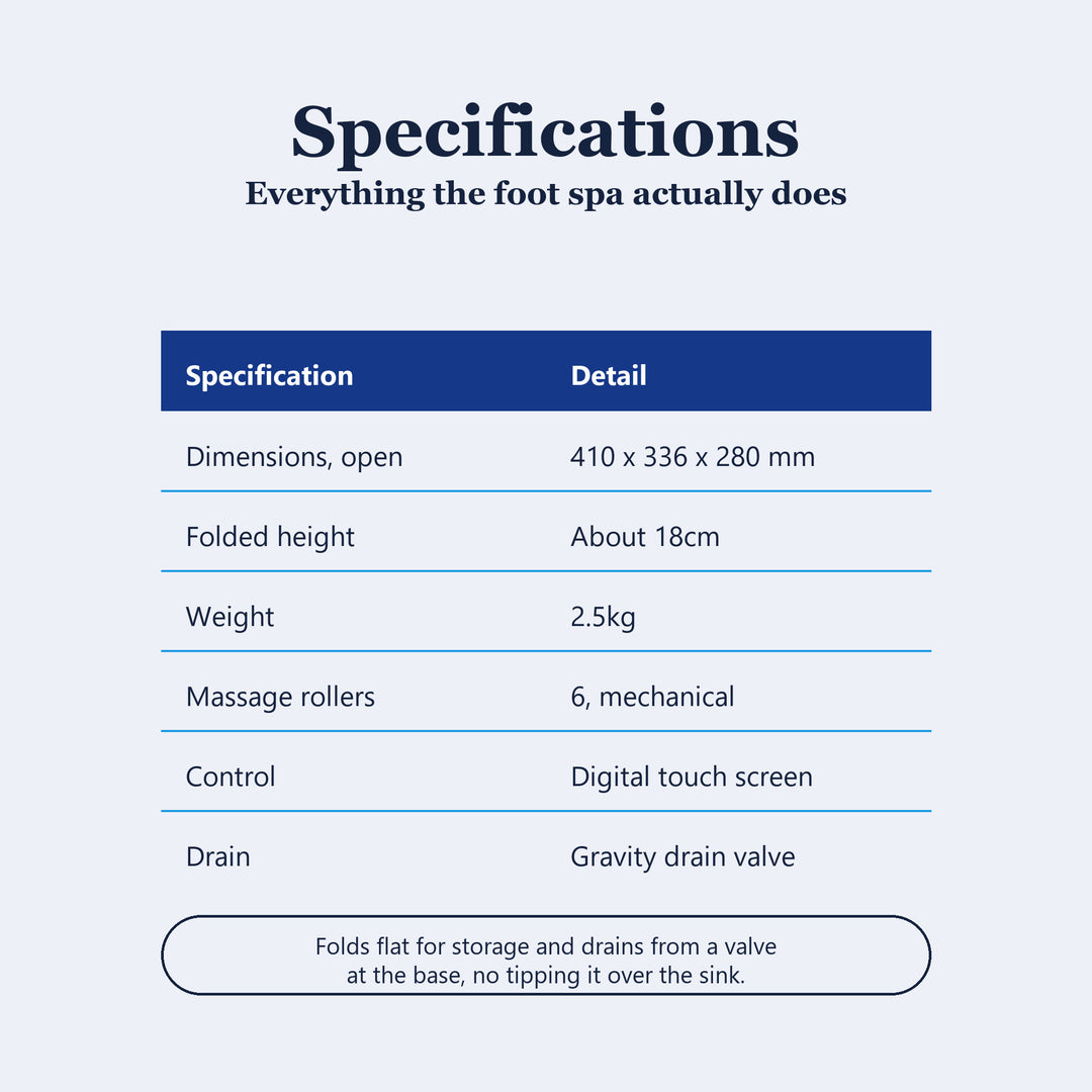Foot spa bath massager specifications, six rollers and folded height