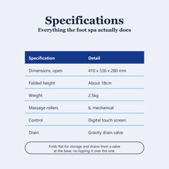 Foot spa bath massager specifications, six rollers and folded height