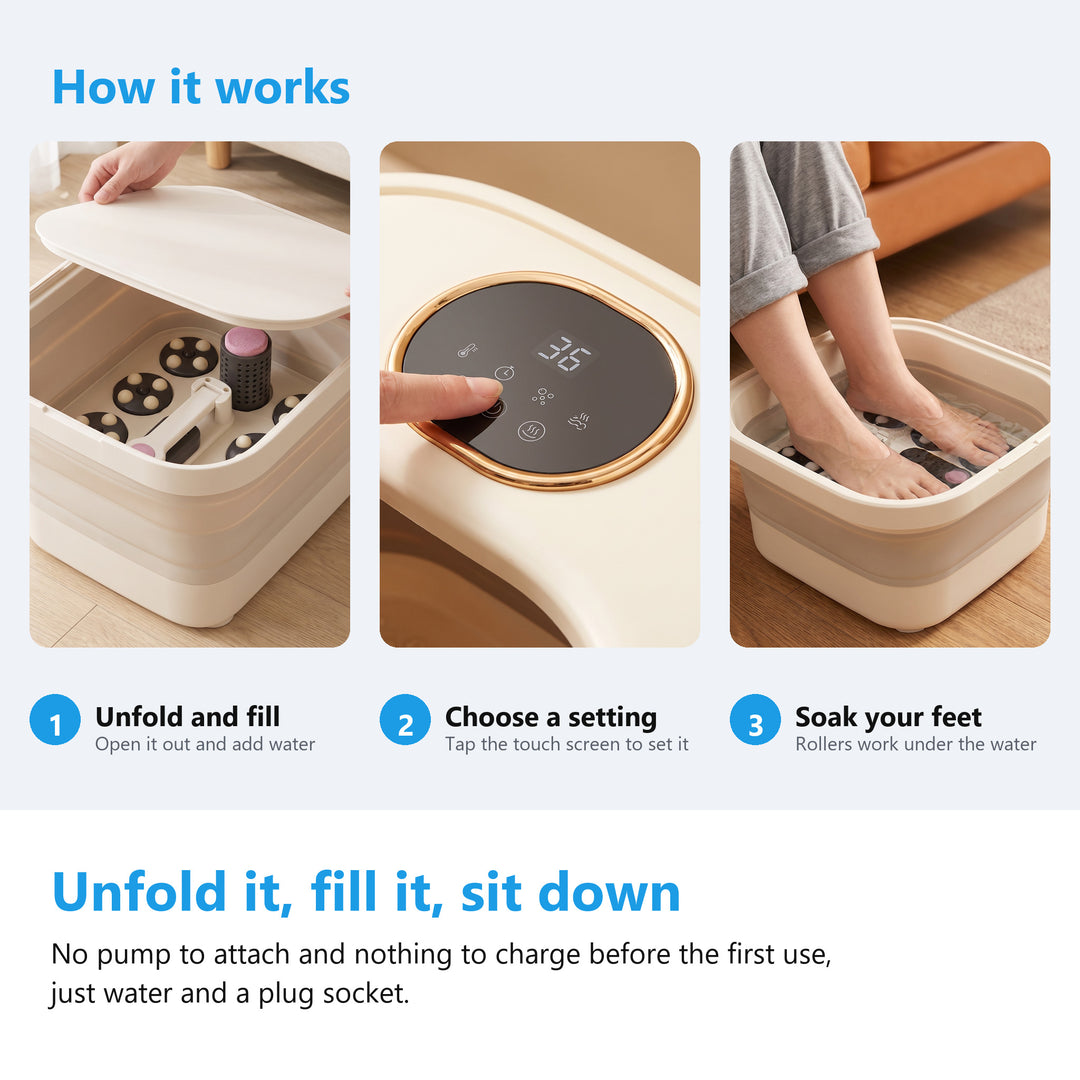 How to use the foot spa bath massager, unfolding it, setting the mode and soaking feet