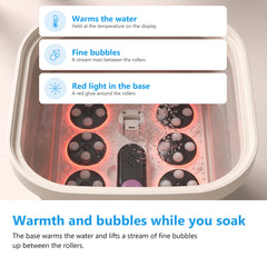 Foot spa bath water with a red glow and fine bubbles rising between the massage rollers