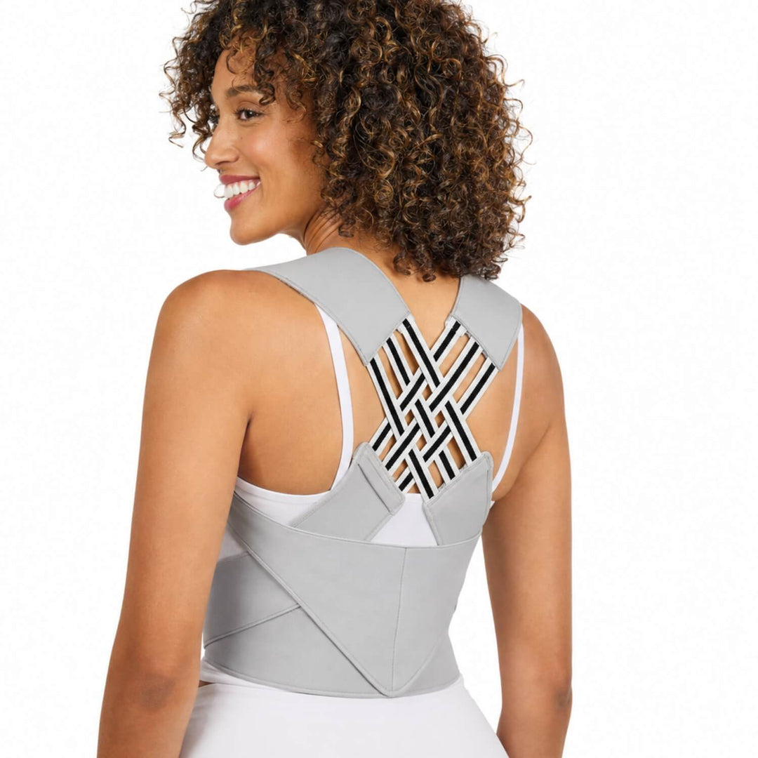 Full-back posture support brace in gray, back view