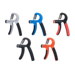 Hand grip strengthener in grey, blue, red, black and orange