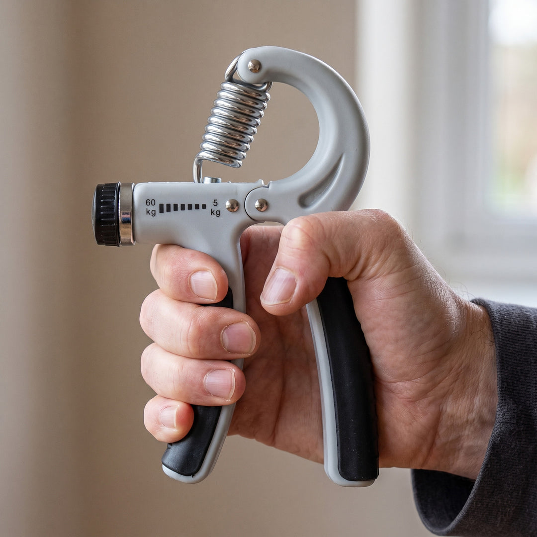 Close up of one hand squeezing the grey hand grip strengthener